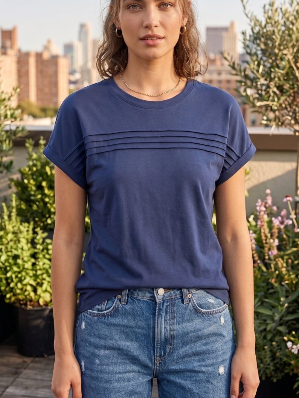 NWOT | Blue Horizontal Pleated Front Short Sleeve Scoop Neck Lightweight Top | M
